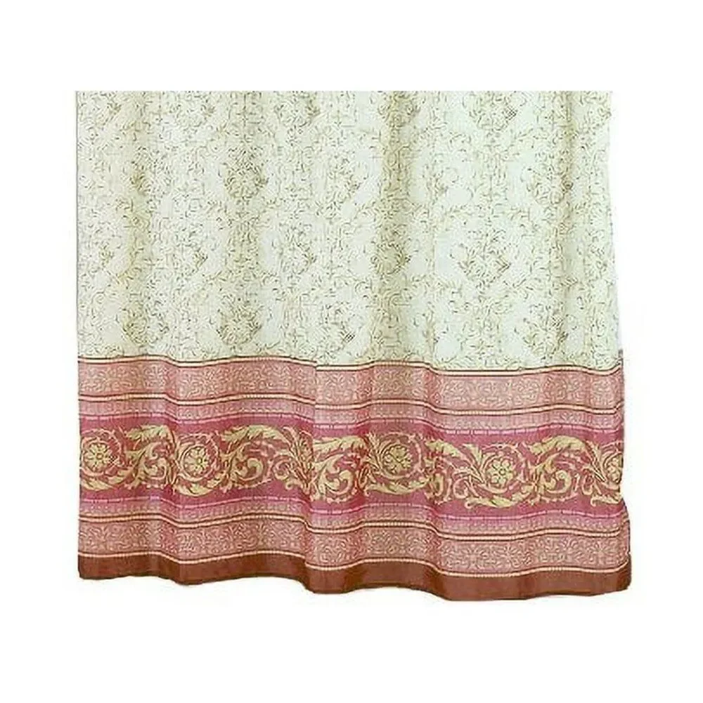 Victorian Shower Curtain Beige Fleur Print Red Pink Contrasting Border NEW